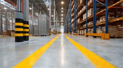 Warehouse Interior with Pallet Racking, Safety Markings, and Concrete Floor - Industrial Storage and Distribution