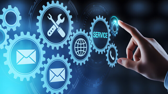 Service Button Technology: A person interacts with a digital interface depicting interconnected gears, symbolizing service and technical support