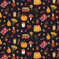 pumpkin cozy autumn season kawaii hand drawn seamless pattern