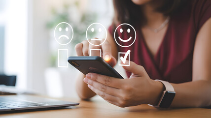 Customer Satisfaction Survey: A person is engaged in completing a survey on a mobile phone, showcasing the options for satisfaction level.