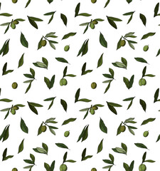Olive Tree Branches seamless pattern. Vector graphic line ink colored illustration. symbol of Peace resistance resilience strength Design for package, cosmetic, textile, cards.