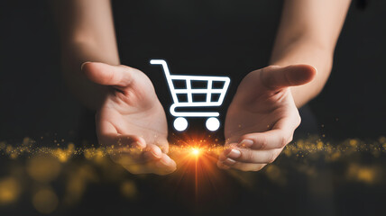 Digital Cart in Hands: A symbolic representation of the digital shopping, captured by a close-up shot featuring pair of hands cradling a glowing shopping cart icon.