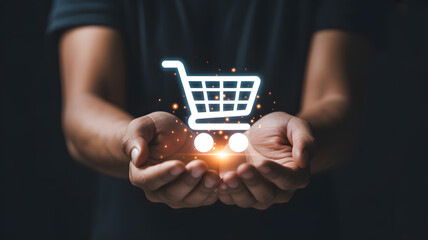 Online Shopping at Your Fingertips: A person cradles a radiant shopping cart icon in their cupped hands, symbolizing the ease and convenience of modern e-commerce and digital transactions. 