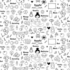 self care and mental health lifestyle doodle icon seamless pattern