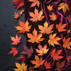 Colorful autumn leaves arranged on dark surface with velvet fabric  
