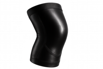 Shiny black knee support brace isolated on transparent background, providing stability and protection for sports and injury recovery