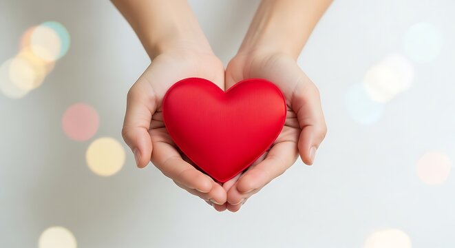 Close up of hands holding a red heart shape symbol with soft background