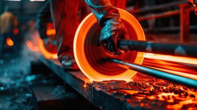 Close-up of gloved hands shaping intensely hot molten glass on a rod in a factory, showcasing industrial craftsmanship and manufacturing process.