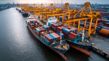 Aerial View of Container Ships Docked at a Busy Port Terminal Ready for Global Shipping
