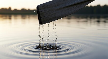 Water drops cascade from a wooden oar into calm lake water at golden hour, creating ripples.
