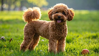 Here’s an original and vivid prompt for generating an image of a **Toy Poodle dog** with a green grass background:

---

**Prompt:**
*A fluffy Toy Poodle with a well-groomed, curly coat standing on a 