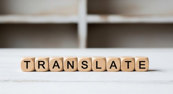 Close-up of wooden blocks spelling the word translate on a white surface