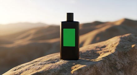 Black Perfume Bottle with Green Label on a Rocky Outcrop