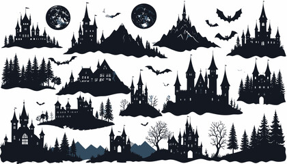 A collection of dark fantasy castle silhouettes, featuring spooky mansions, gothic towers, mountains, forests, and bats for fairytale or horror themes