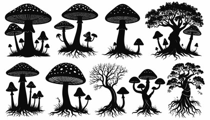 Enchanting Forest Black and White Mushroom and Tree Silhouettes