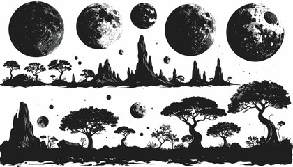 Fantasy landscape illustrations with moons and silhouettes of trees and mountains in black and white