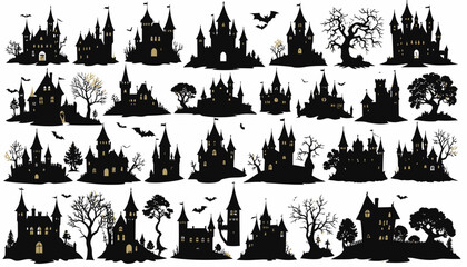 Collection of Spooky Silhouette Castles, Perfect for Halloween Decorations and Designs