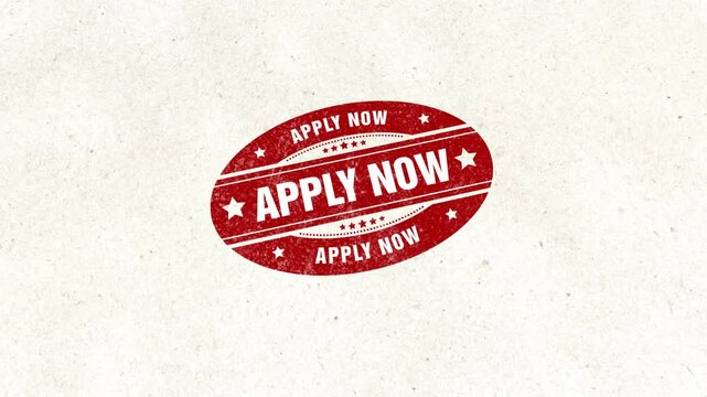 Apply Now Text Wooden Stamp Animation with Red Ink on White Paper Background