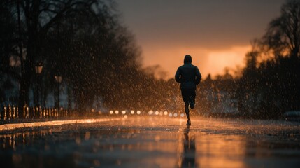 Silhouette of a runner in the rain at sunset