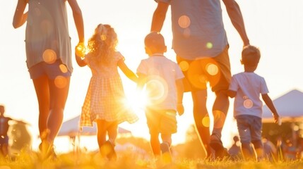 Family walking hand in hand at golden sunset with warm light and bokeh. Parents and children enjoying a happy outdoor evening together.