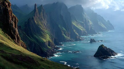 Dramatic coastal cliffs meet turquoise ocean waves under a misty sky, evoking wild beauty and adventure.