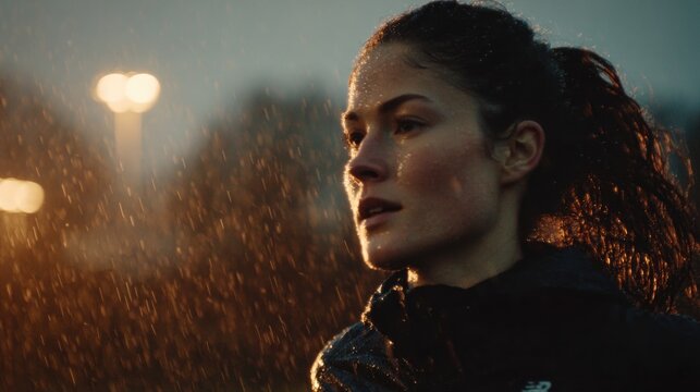 Determined woman runner taking a break in the rain at night