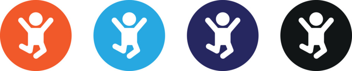 Four round icons featuring a joyful child figure in red blue purple and black vector