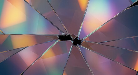 A close-up abstract view of a shattered CD, revealing its iridescent, rainbow-like surface and sharp, fragmented edges.