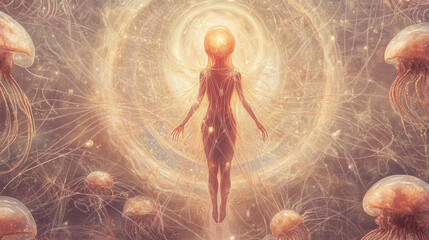 Mystical being surrounded by glowing jellyfish in ethereal underwater realm with soft light