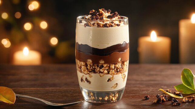Vanilla mousse dessert with rich chocolate ganache and crushed praline garnish in stemware, fine dining candlelit setting