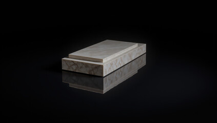 Photograph of a rectangular marble casket with a polished, white and gray veined surface, set against a completely black background. The casket is positioned with its lid slightly open,