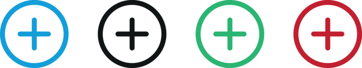 Obraz premium Collection of four circular plus icons with different colored borders representing addition or new item creation vector