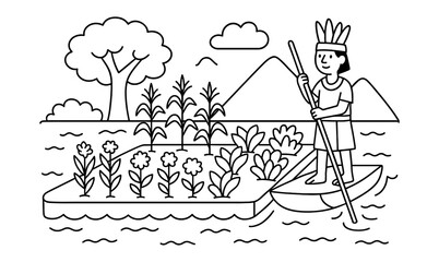 Aztec floating garden illustration with traditional elements for educational and cultural design