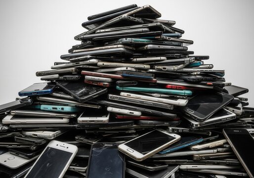 A massive pile of discarded, cracked, and stacked cell phones against a bright background, representing electronic waste.