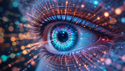 Futuristic Human Eye Fused with Holographic Circuits Abstract Background