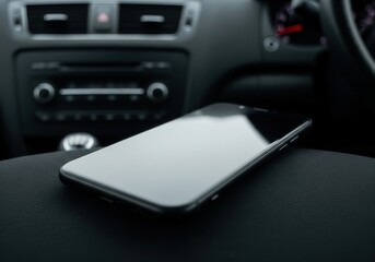 A sleek smartphone rests on a dark car seat, with the dashboard and steering wheel visible in the blurred background.