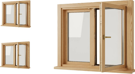 This image shows **three wooden window frames** with a different style compared to the previous ones. Here's a detailed description:
