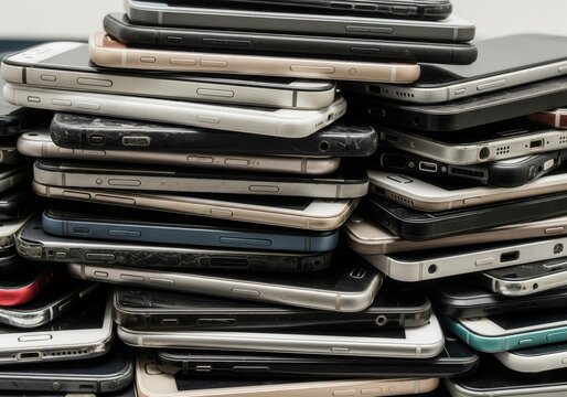 A large, cluttered pile of various smartphones stacked unevenly, with different models and colors visible in a disorganized heap.