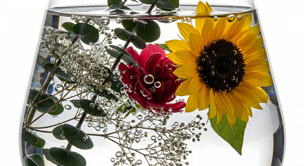 Colorful Flowers & Eucalyptus Submerged in Clear Water with Bubbles in Glass Vase on White Background
