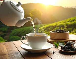 Pouring Hot Tea into Cup on Wooden Table at Sunrise