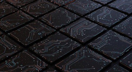 A dark, futuristic grid of square microchips showing intricate, detailed electronic circuitry patterns.