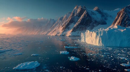Majestic snowy mountains meet icy ocean waters under a dramatic sunset sky