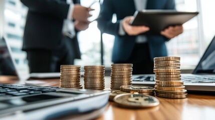 Stacks of gold coins on a table amidst business people