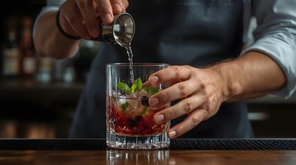 Bartender carefully prepares a refreshing cocktail with fresh mint and ice