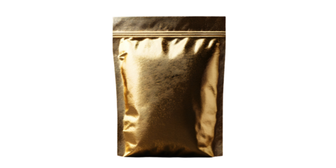 Glossy golden packaging bag isolated on a white background, ideal for product display and marketing