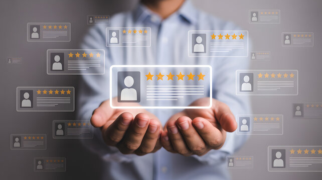 Digital Customer Feedback: A person tenderly holds a representation of customer feedback ratings with a background of glowing ratings, illustrating customer satisfaction, brand loyalty.