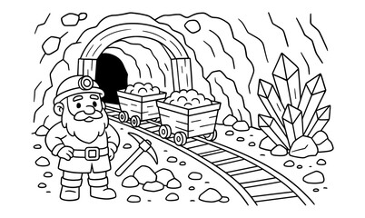 Dwarf in crystal mine with mining carts for children’s coloring book and educational design