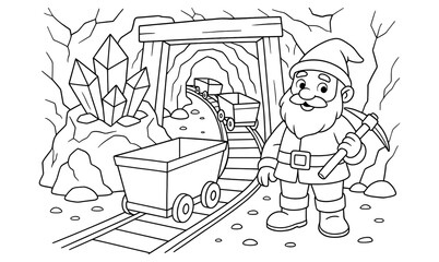 Dwarf crystal mine adventure with railway and mining cart illustration for coloring book design