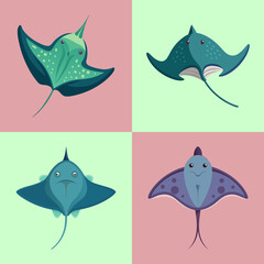 Cute Cartoon Stingray Set: Teal, Green, Purple, Flat Design, Happy Mood, Ocean Life, Underwater, Marine Animals, Childrens Illustration.
