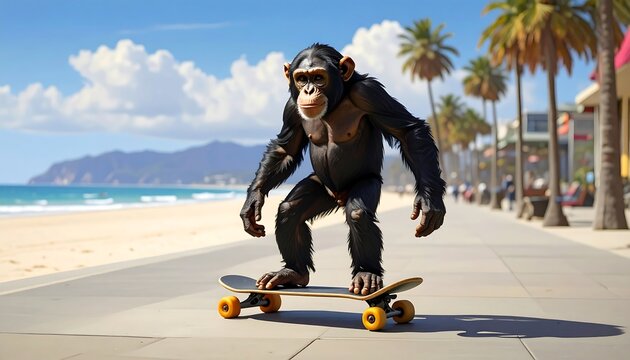 A chimps on a skateboard,  enjoying a sunny day by the oceanside promenade.